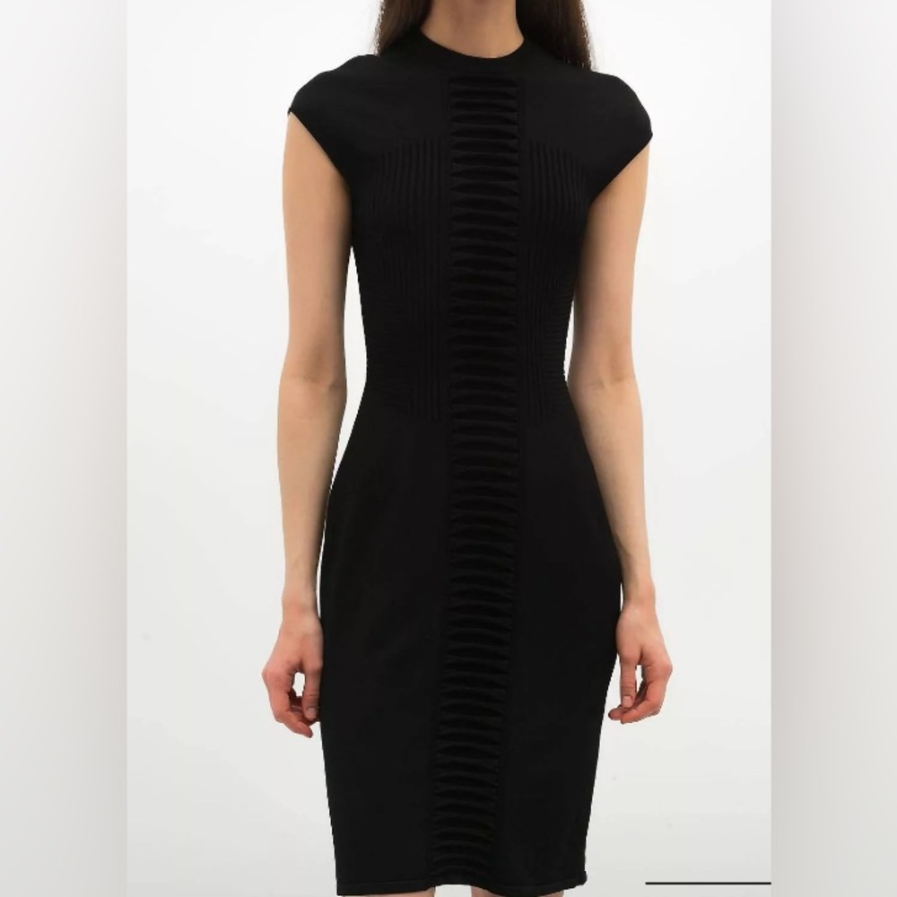 FENDI Dark Green Ribbed Knit Dress IT 38 Made in Italy Sleeveless Ruched Detail